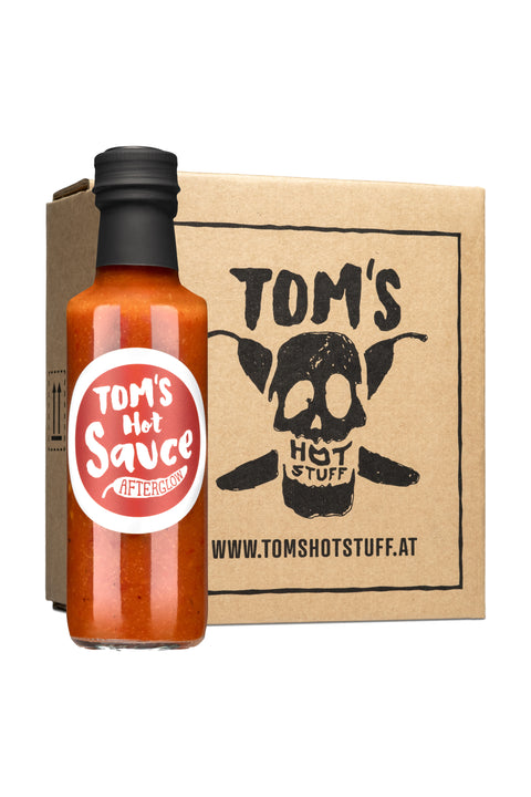 Flasche Hot Sauce „Afterglow" mit rotem Etikett auf weißem Hintergrund mit Kartonschachtel.