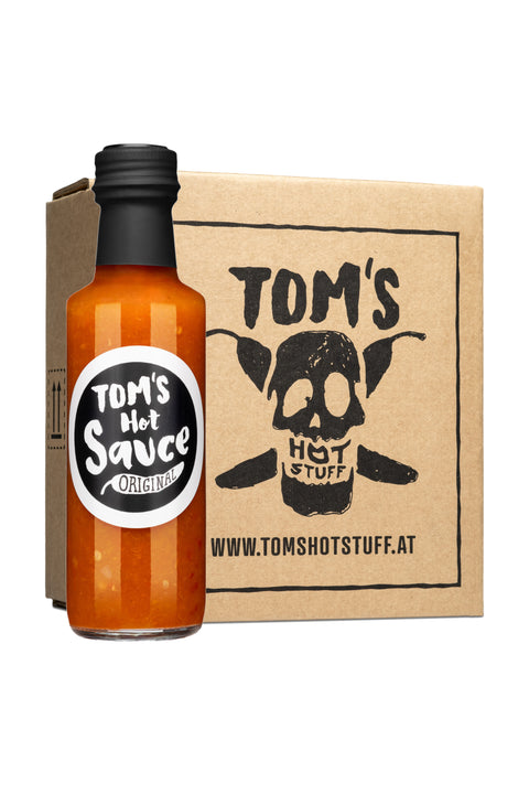 Flasche Hot Sauce „Original" mit schwarzem Etikett auf weißem Hintergrund mit Kartonschachtel.