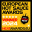 Logo der European Hot Sauce Awards 2024 mit fünf Sternen, „Winner“-Schriftzug und Berlin Chili Fest Grafik auf gelbem Hintergrund