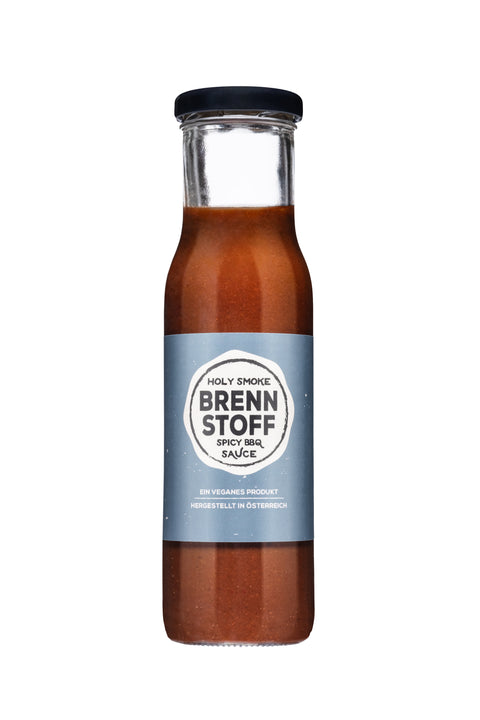Flasche Brennstoff Spicy BBQ Sauce mit blauem Etikett,.